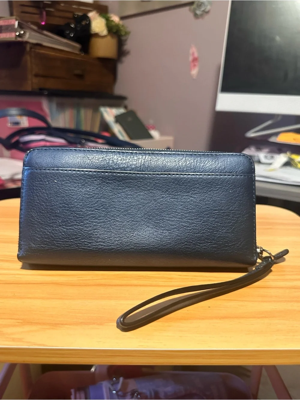 Coach Navy Pebbled Leather Zip Wristlet Wallet